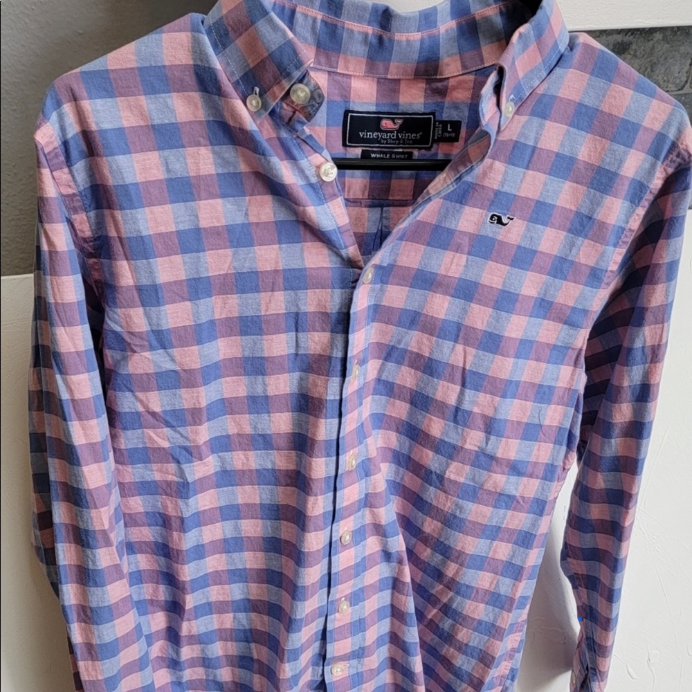 Vineyard vines whale shirt boys L (16-18). Pink and blue plaid.
